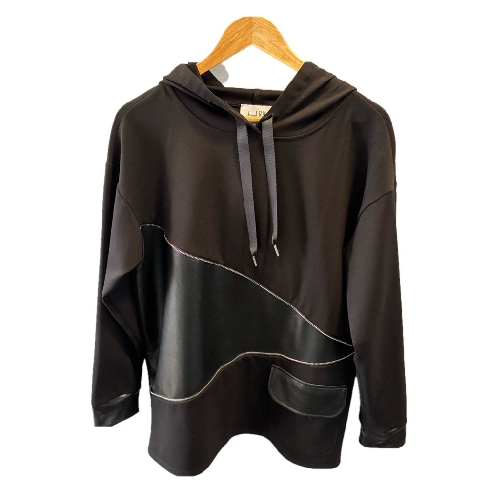 JOSEPH RIBKOFF Faux Leather 10 Black Hoodie Zipper Accent Drawstring Edgy Casual - Picture 3 of 10